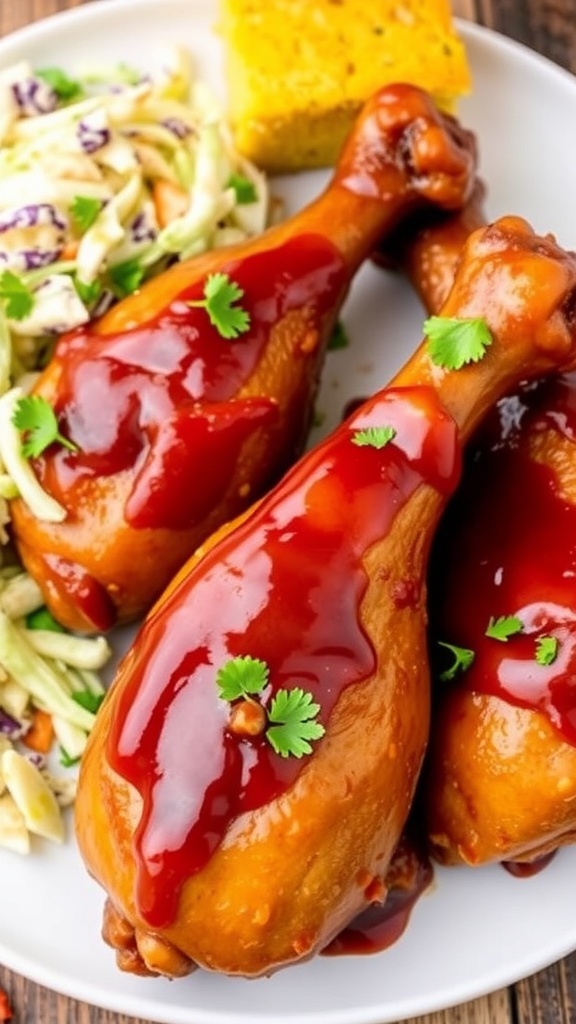 Tender slow-cooked chicken drumsticks with barbecue sauce, garnished with parsley, served with coleslaw and cornbread.